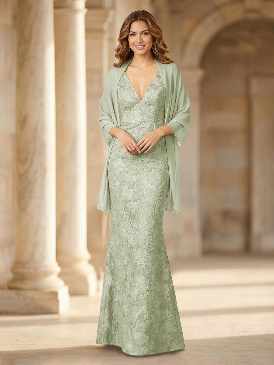 Mermaid Sleeveless Lace Jacquard Mother of the Bride Dresses with Cape