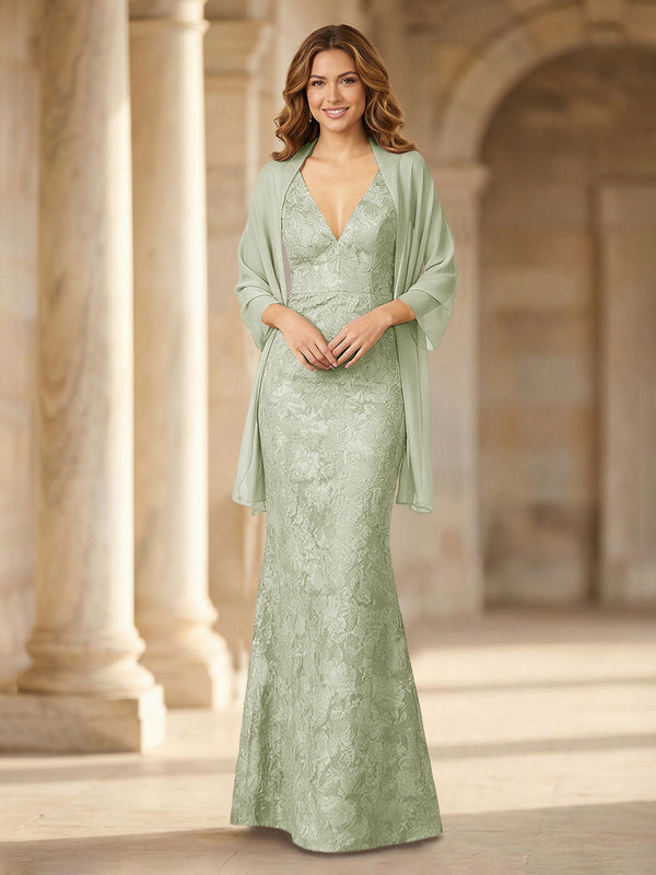 Mermaid Sleeveless Lace Jacquard Mother of the Bride Dresses with Cape