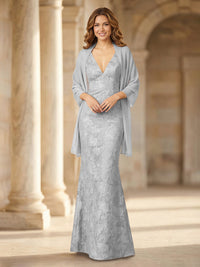 Mermaid Sleeveless Lace Jacquard Mother of the Bride Dresses with Cape
