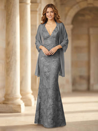 Mermaid Sleeveless Lace Jacquard Mother of the Bride Dresses with Cape