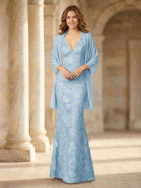 Mermaid Sleeveless Lace Jacquard Mother of the Bride Dresses with Cape