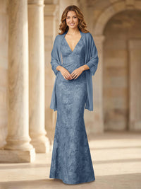 Mermaid Sleeveless Lace Jacquard Mother of the Bride Dresses with Cape
