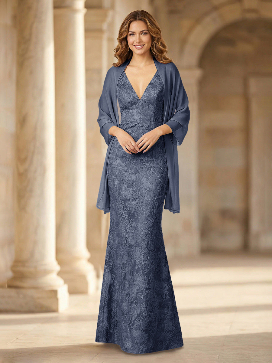 Mermaid Sleeveless Lace Jacquard Mother of the Bride Dresses with Cape