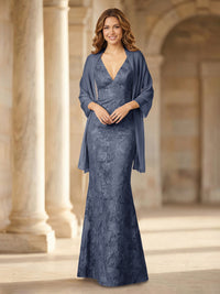 Mermaid Sleeveless Lace Jacquard Mother of the Bride Dresses with Cape