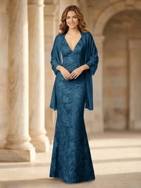 Mermaid Sleeveless Lace Jacquard Mother of the Bride Dresses with Cape