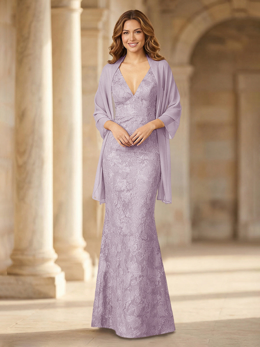 Mermaid Sleeveless Lace Jacquard Mother of the Bride Dresses with Cape