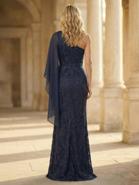 Sheath One Shoulder Jacquard Ruched Mother of the Bride Dresses with Ruffles