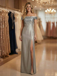 Sheath Off Shoulder Sequined Floor Length Mother of the Bride Dresses with Split Side