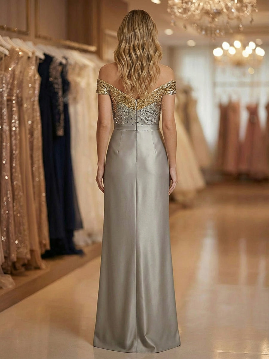 Sheath Off Shoulder Sequined Floor Length Mother of the Bride Dresses with Split Side
