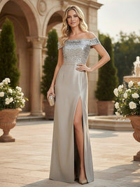 Sheath Off Shoulder Sequined Floor Length Mother of the Bride Dresses with Split Side