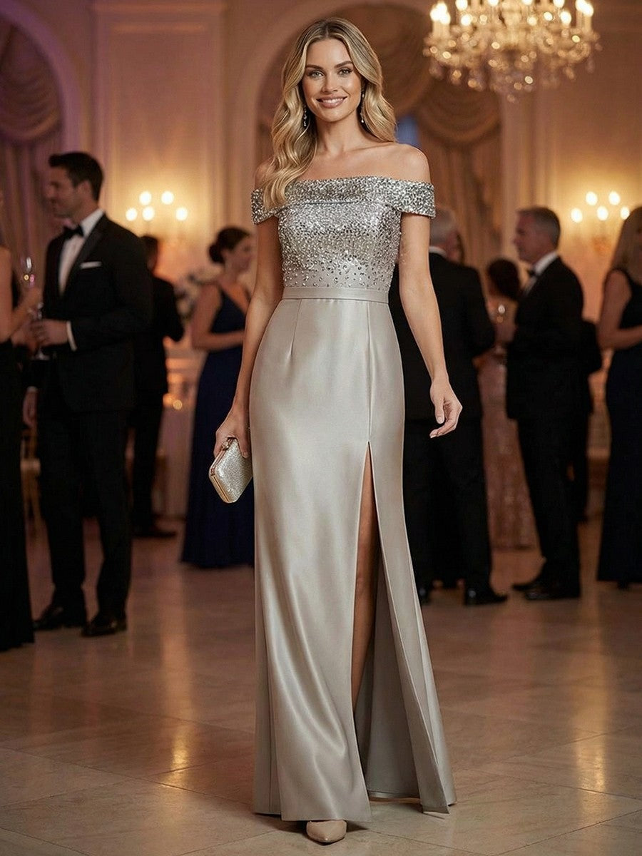 Sheath Off Shoulder Sequined Floor Length Mother of the Bride Dresses with Split Side