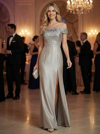 Sheath Off Shoulder Sequined Floor Length Mother of the Bride Dresses with Split Side