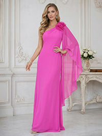 Sheath One Shoulder Floor Length Ruffled Mother of the Bride Dresses with Flower