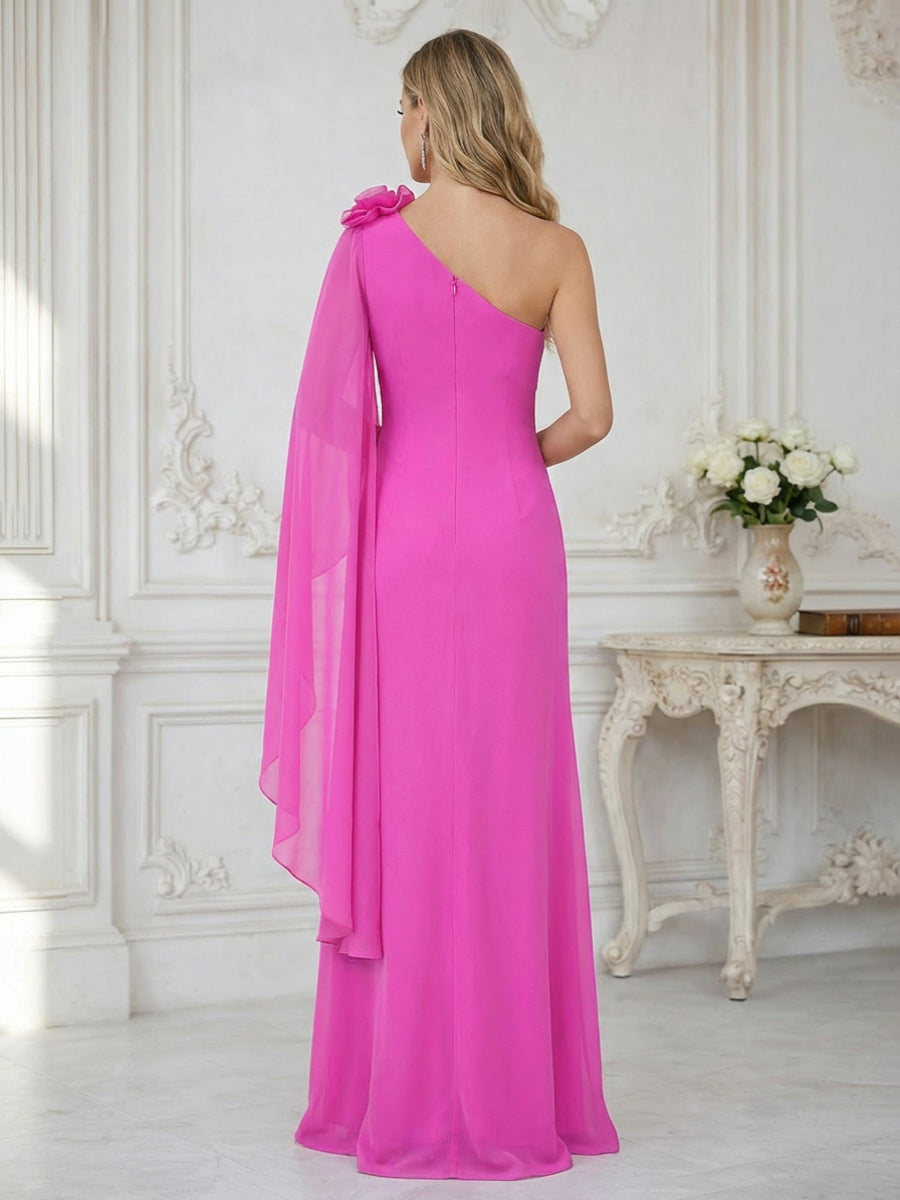 Sheath One Shoulder Floor Length Ruffled Mother of the Bride Dresses with Flower