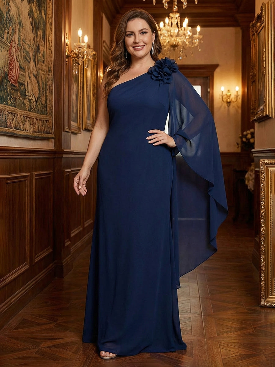 Sheath One Shoulder Floor Length Ruffled Mother of the Bride Dresses with Flower