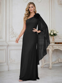 Sheath One Shoulder Floor Length Ruffled Mother of the Bride Dresses with Flower