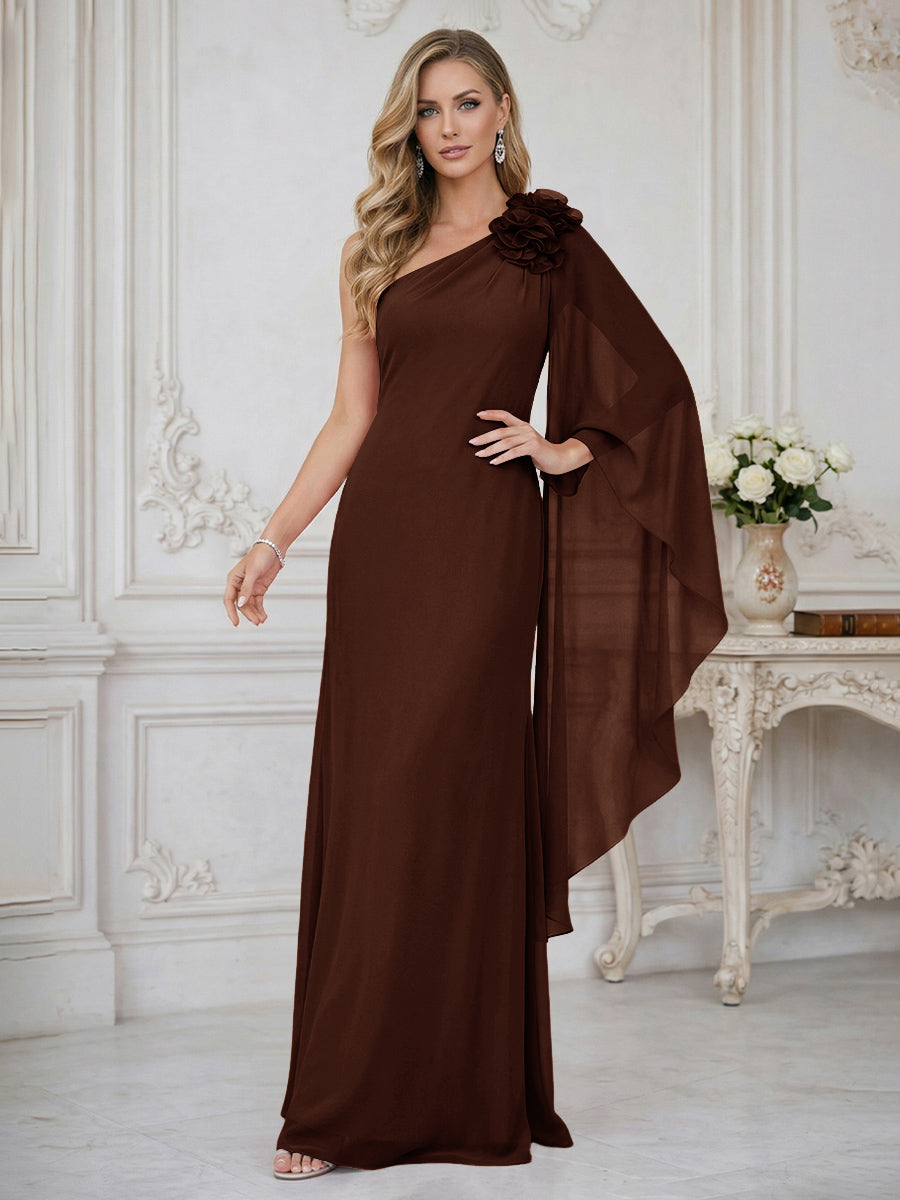 Sheath One Shoulder Floor Length Ruffled Mother of the Bride Dresses with Flower