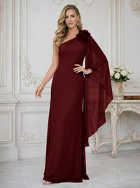 Sheath One Shoulder Floor Length Ruffled Mother of the Bride Dresses with Flower