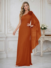 Sheath One Shoulder Floor Length Ruffled Mother of the Bride Dresses with Flower