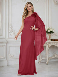 Sheath One Shoulder Floor Length Ruffled Mother of the Bride Dresses with Flower