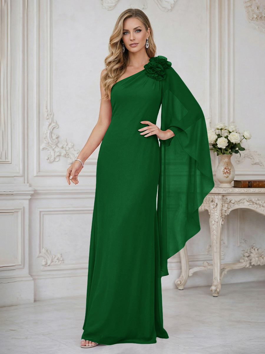 Sheath One Shoulder Floor Length Ruffled Mother of the Bride Dresses with Flower