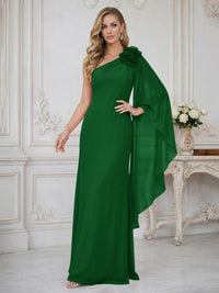 Sheath One Shoulder Floor Length Ruffled Mother of the Bride Dresses with Flower