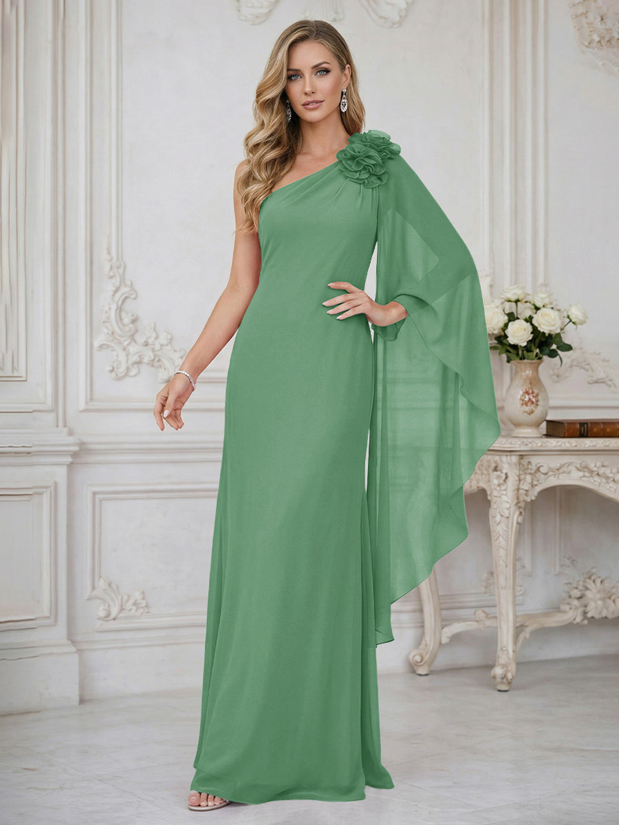 Sheath One Shoulder Floor Length Ruffled Mother of the Bride Dresses with Flower
