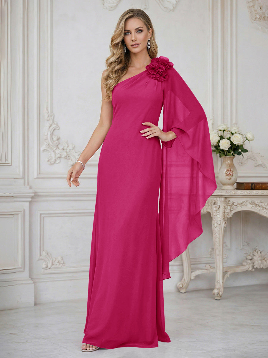 Sheath One Shoulder Floor Length Ruffled Mother of the Bride Dresses with Flower