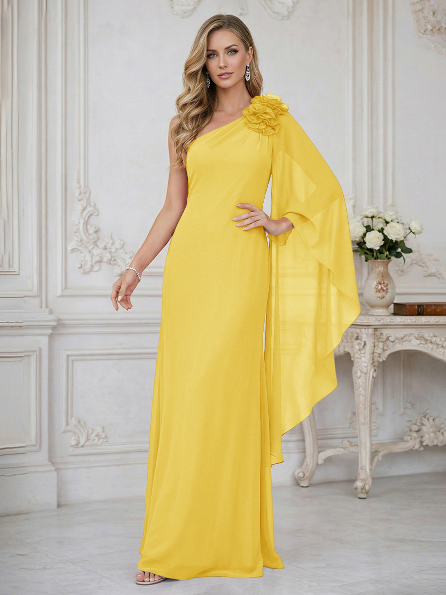 Sheath One Shoulder Floor Length Ruffled Mother of the Bride Dresses with Flower