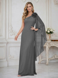 Sheath One Shoulder Floor Length Ruffled Mother of the Bride Dresses with Flower