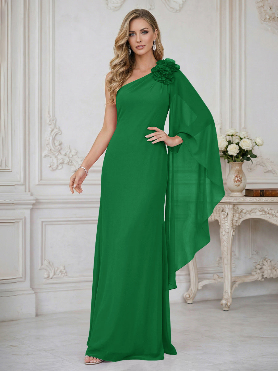 Sheath One Shoulder Floor Length Ruffled Mother of the Bride Dresses with Flower
