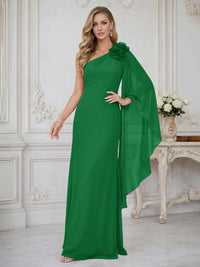 Sheath One Shoulder Floor Length Ruffled Mother of the Bride Dresses with Flower