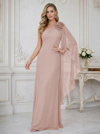 Sheath One Shoulder Floor Length Ruffled Mother of the Bride Dresses with Flower