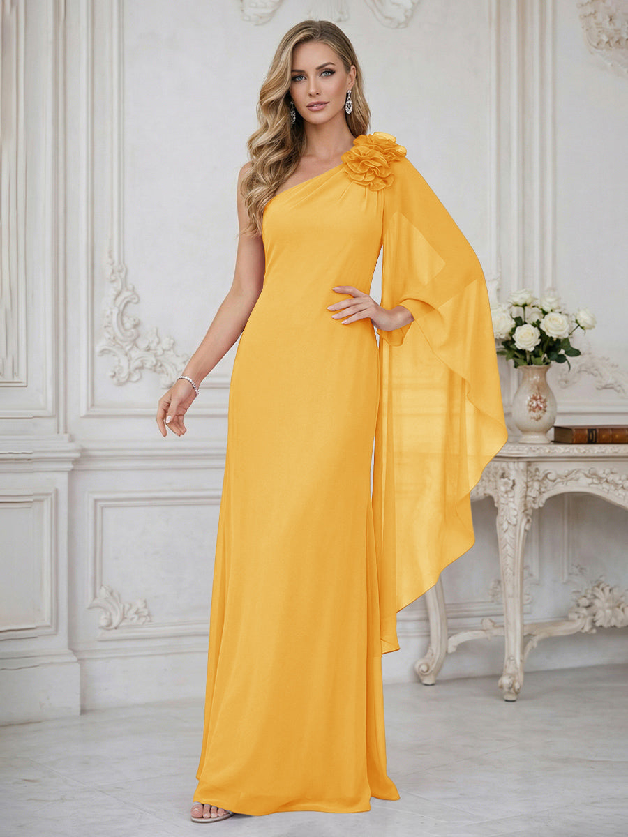 Sheath One Shoulder Floor Length Ruffled Mother of the Bride Dresses with Flower