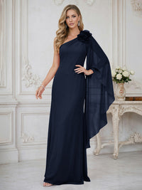 Sheath One Shoulder Floor Length Ruffled Mother of the Bride Dresses with Flower