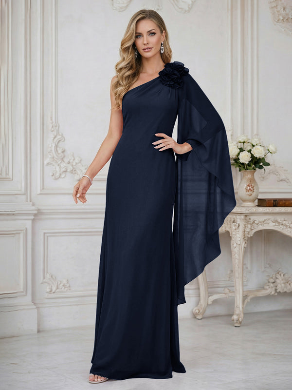 Sheath One Shoulder Floor Length Ruffled Mother of the Bride Dresses with Flower