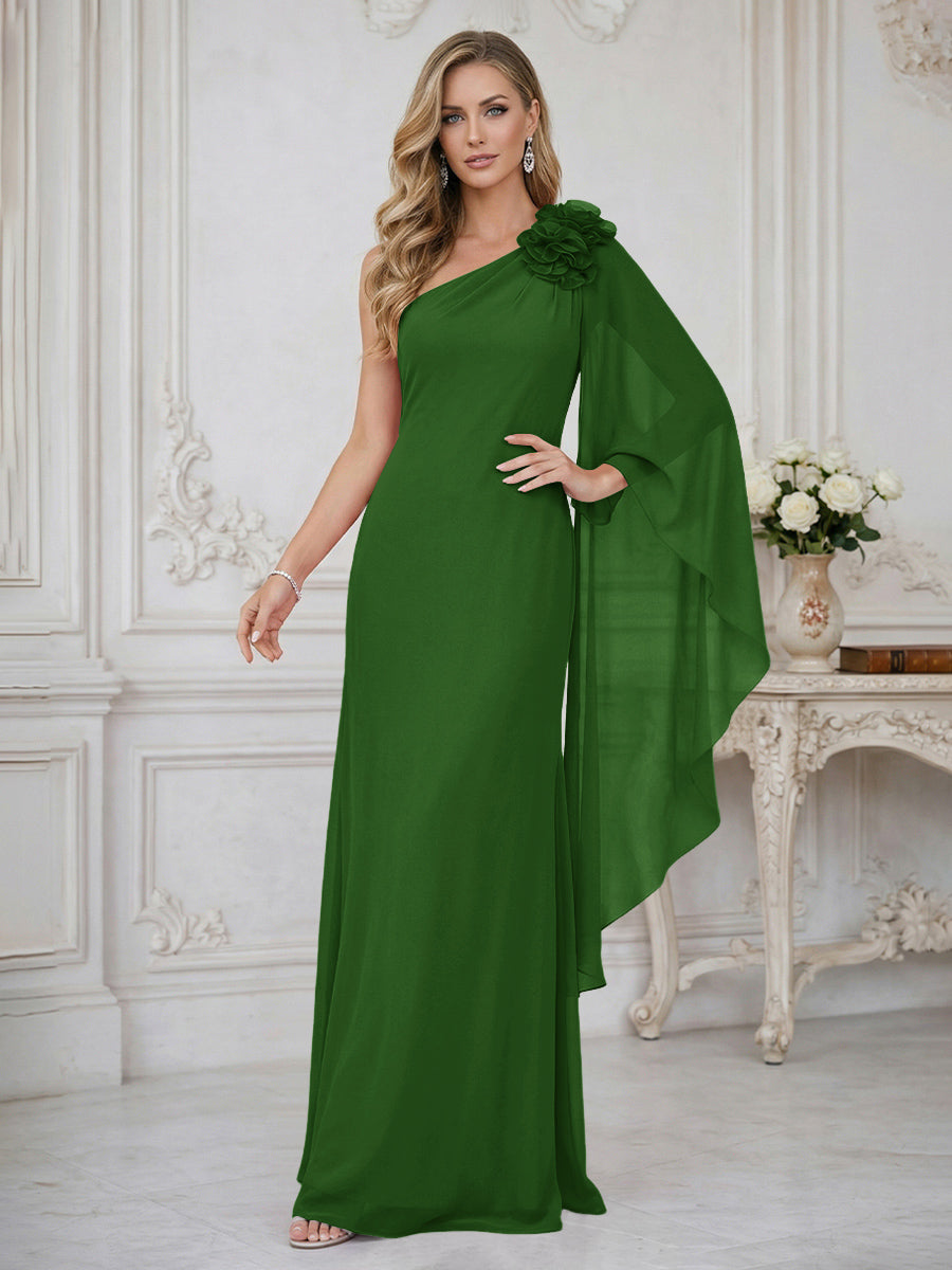 Sheath One Shoulder Floor Length Ruffled Mother of the Bride Dresses with Flower