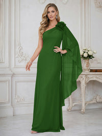 Sheath One Shoulder Floor Length Ruffled Mother of the Bride Dresses with Flower