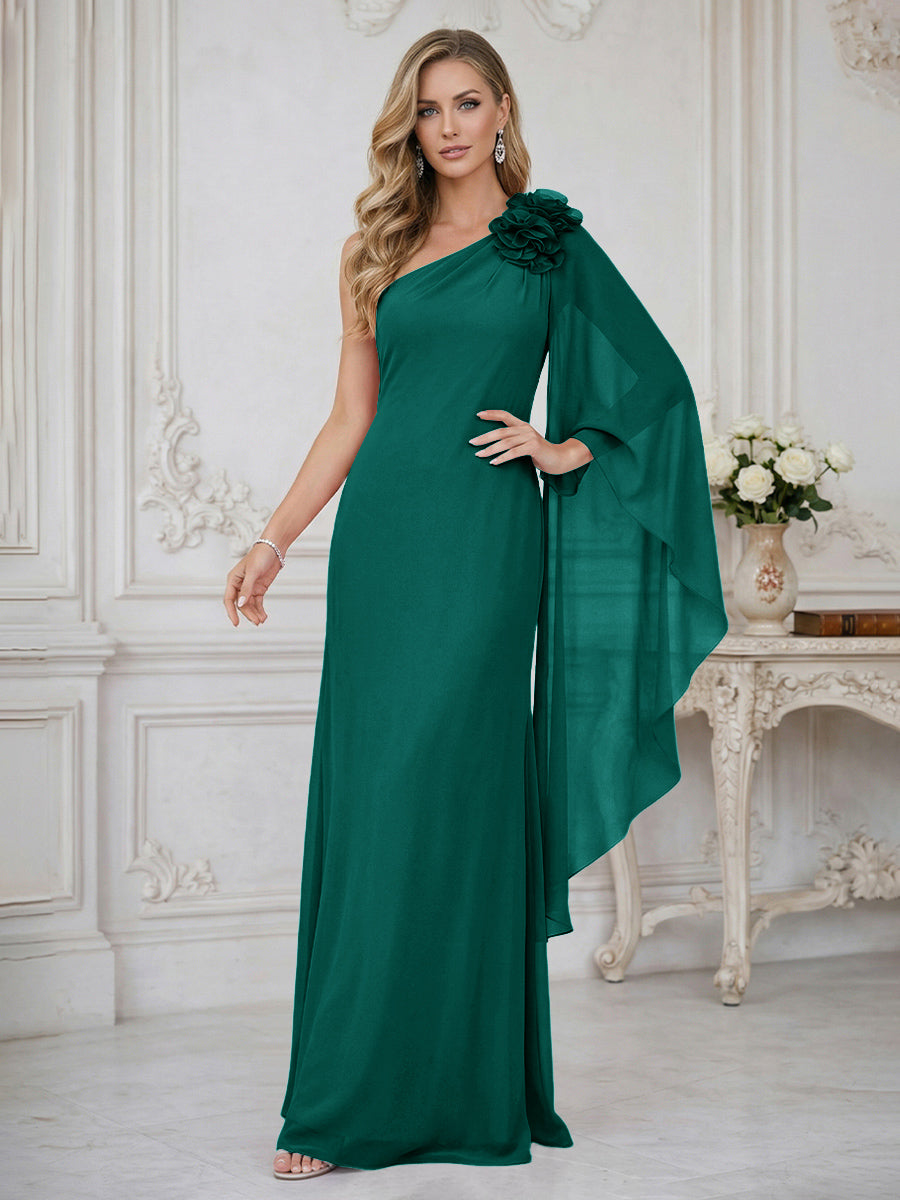 Sheath One Shoulder Floor Length Ruffled Mother of the Bride Dresses with Flower