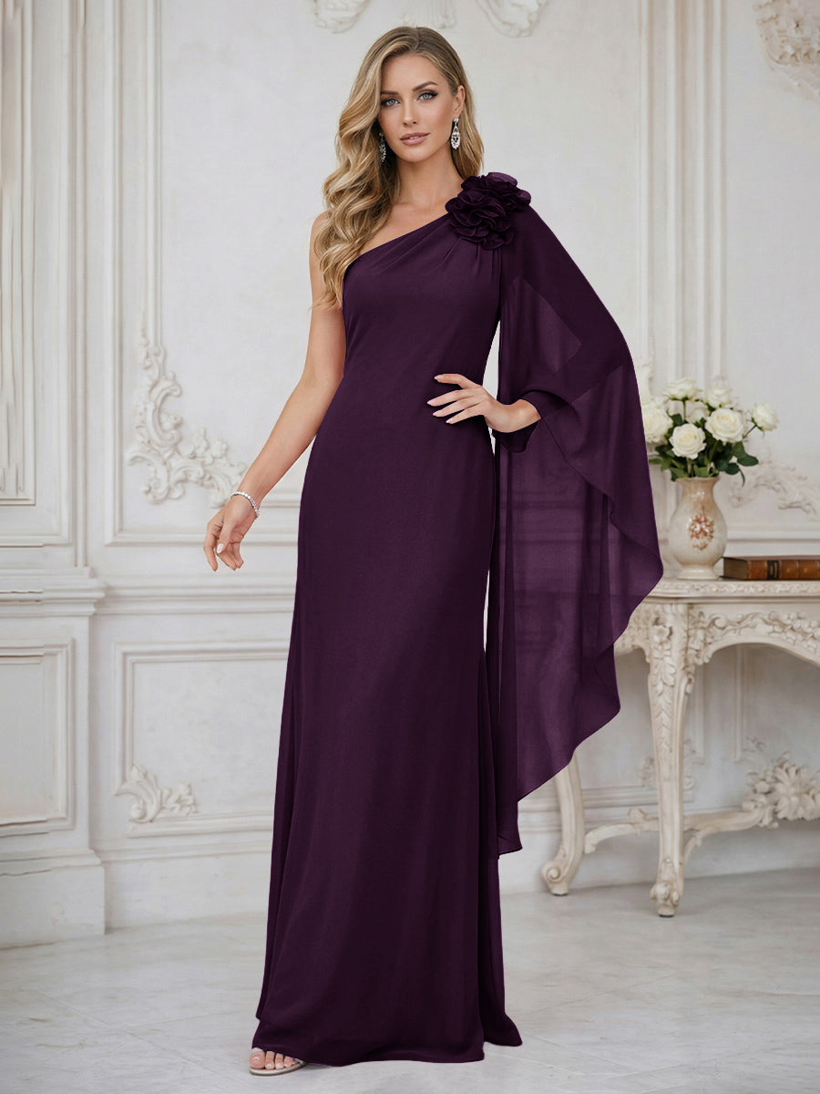 Sheath One Shoulder Floor Length Ruffled Mother of the Bride Dresses with Flower