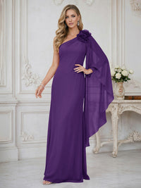 Sheath One Shoulder Floor Length Ruffled Mother of the Bride Dresses with Flower