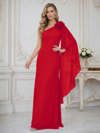 Sheath One Shoulder Floor Length Ruffled Mother of the Bride Dresses with Flower