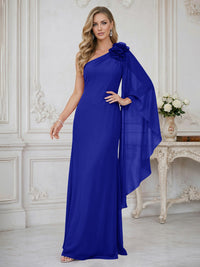 Sheath One Shoulder Floor Length Ruffled Mother of the Bride Dresses with Flower