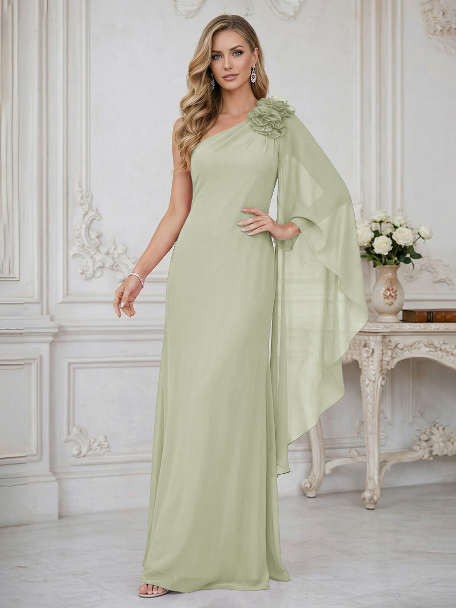 Sheath One Shoulder Floor Length Ruffled Mother of the Bride Dresses with Flower