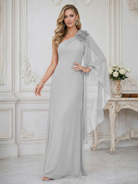 Sheath One Shoulder Floor Length Ruffled Mother of the Bride Dresses with Flower