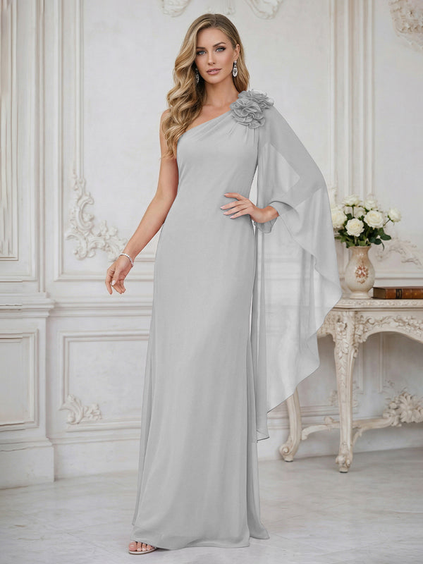 Sheath One Shoulder Floor Length Ruffled Mother of the Bride Dresses with Flower