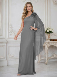 Sheath One Shoulder Floor Length Ruffled Mother of the Bride Dresses with Flower