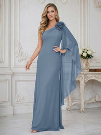 Sheath One Shoulder Floor Length Ruffled Mother of the Bride Dresses with Flower