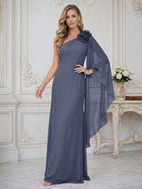 Sheath One Shoulder Floor Length Ruffled Mother of the Bride Dresses with Flower