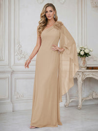 Sheath One Shoulder Floor Length Ruffled Mother of the Bride Dresses with Flower